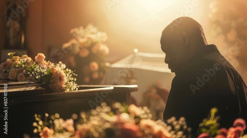 Funeral coffin, death and black man sad, grieving and mourning loss of family, friends or dead loved one, Church service, floral flowers and person with casket, grief and sadness over loss of life photo