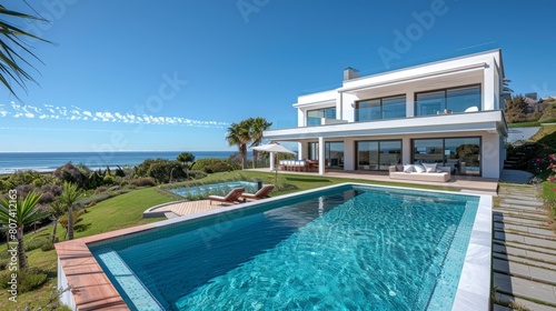 This luxurious beachfront home offers unrivaled luxury. with modern decoration and cutting-edge architecture located on the coast There is a private swimming pool. and stunning sea views photo