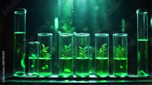 plants breeding in green water test tubes. realistic light and shade,