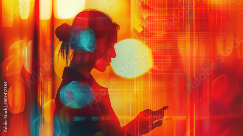 A young woman using a smartphone  bathed in vivid neon light with a futuristic ambiance.