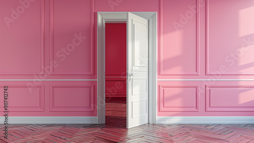Backdrop for pink room with open door. 3d rendering.
