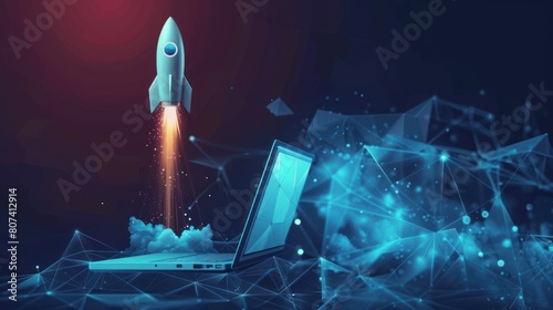 Abstract rocket launch from laptop. Start up concept in low poly style design. Blue geometric background. Wireframe light connection structure AI generated