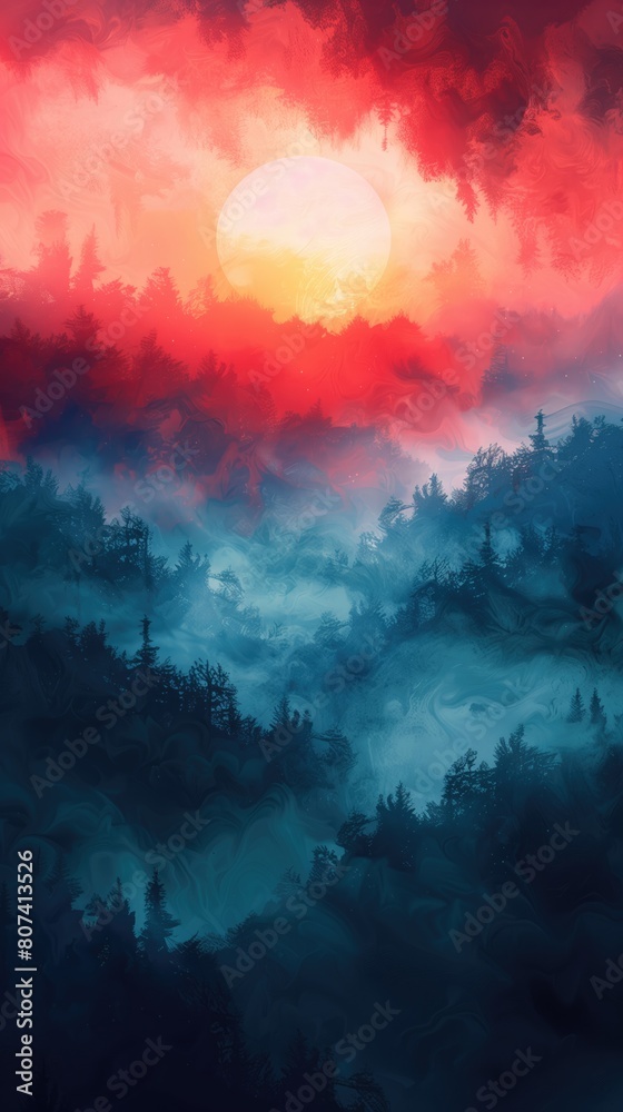 Fototapeta premium Foggy forest in the mountains at sunset. Vertical background. Digital painting.