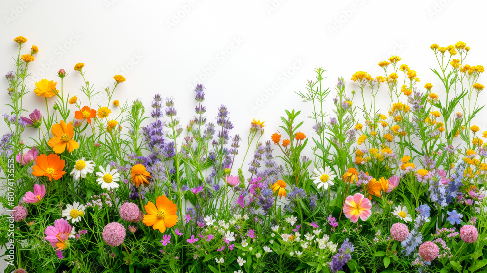 A colorful field of flowers with a white background