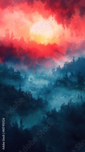 Foggy forest in the mountains at sunset. Vertical background. Digital painting.