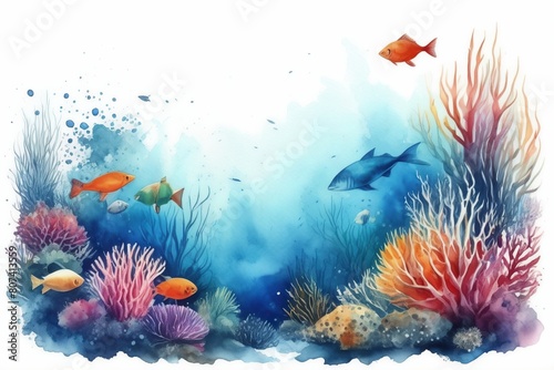 A vibrant watercolor painting capturing the serene beauty of a coral reef teeming with colorful fish.