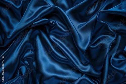 Beautiful dark blue silk satin background. Soft folds on shiny fabric. Luxury background with copy space for text, design. Web banner. Flat lay, top view table.Birthday, Christmas - generative ai