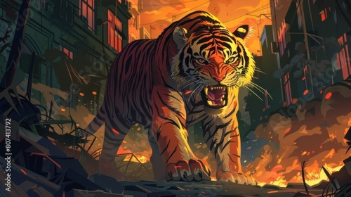 illustration of a ferocious tiger in the middle of the village AI generate