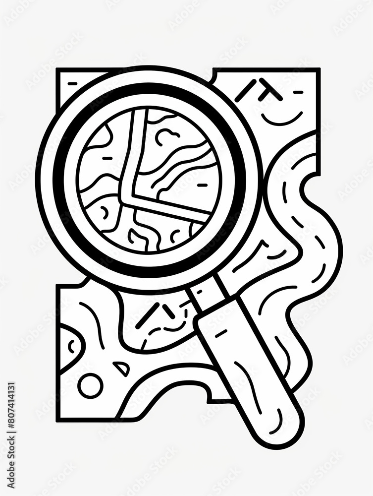 Black and white illustration of a magnifying glass with map. Black and white illustration of a magnifying glass with map.