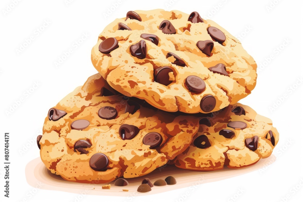 Sweet Indulgence: A Pair of Irresistible Chocolate Chip Cookies on a Clean White Surface. Sweet Indulgence: A Pair of Irresistible Chocolate Chip Cookies on a Clean White Surface.