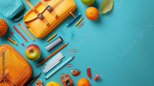 A vibrant back-to-school setup featuring a colorful array of school supplies and fresh fruits on a bright turquoise background, perfectly organized for a new academic year. photo