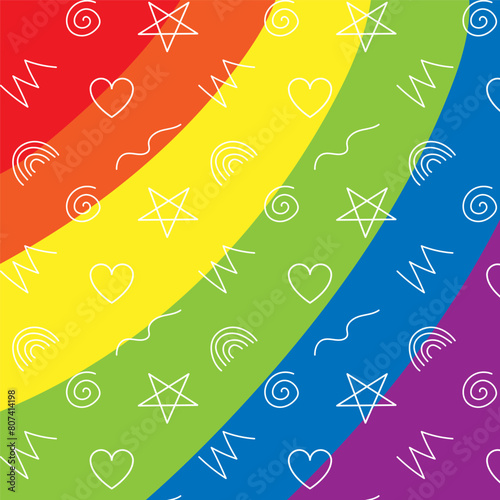LGBT Pride Month in June. Lesbians, gays, bisexuals, transsexuals. LGBT flag. Rainbow love concept. Human rights and tolerance. Poster, card, banner, background. Vector illustration, seamless pattern.