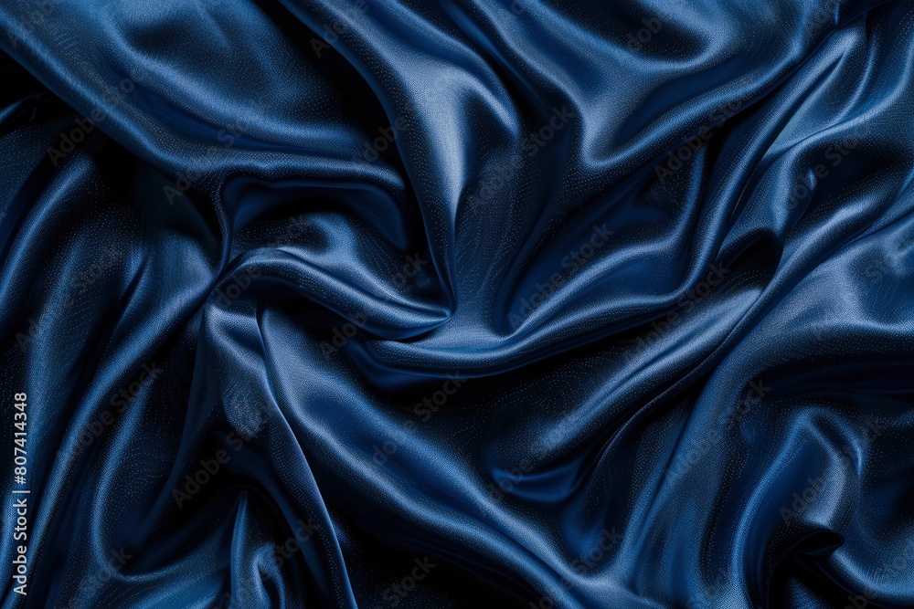 Beautiful dark blue silk satin background. Soft folds on shiny fabric. Luxury background with copy space for text, design. Web banner. Flat lay, top view table.Birthday, Christmas - generative ai Beautiful dark blue silk satin background. Soft folds on shiny fabric. Luxury background with copy space for text, design. Web banner. Flat lay, top view table.Birthday, Christmas - generative ai