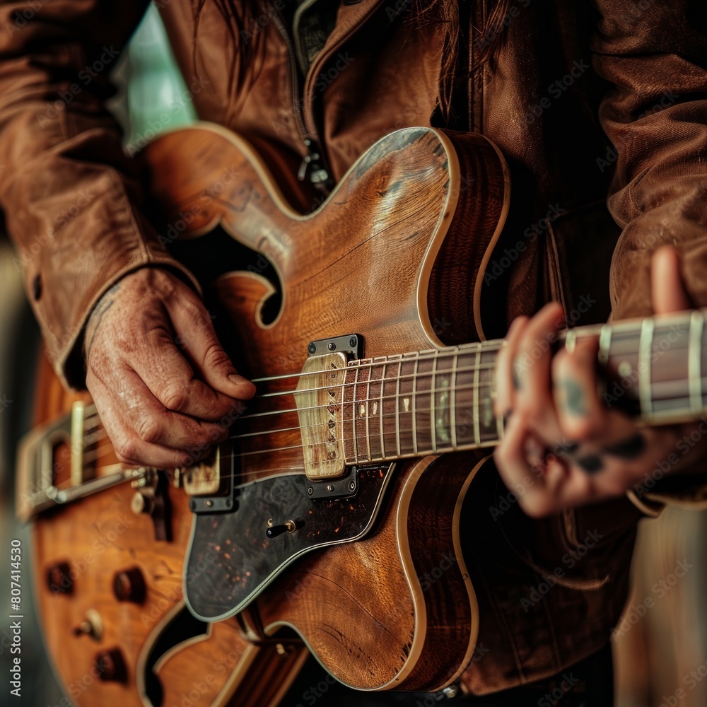Fototapeta premium Strumming Melodies: A Player Engrossed in Guitar Tunes While Seated in a Chair.
