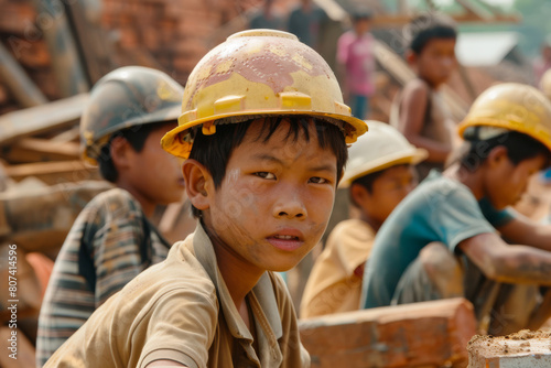 children compelled to perform strenuous manual labor at construction sites or farms. photo