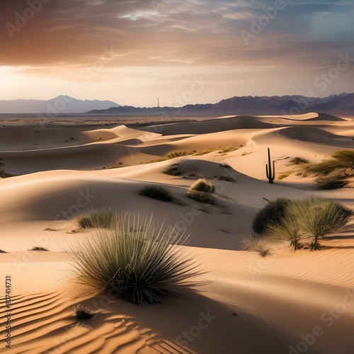 A serene desert landscape with sand dunes  cacti  and a vast open sky Quiet and starkly beautiful scenery2