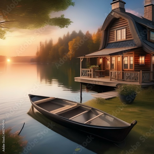 A peaceful lakeside cottage with a dock, rowboat, and a view of the sunset Tranquil and idyllic waterside retreat4