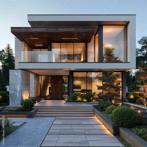 Simple, elegant and modern house The entrance and front yard have been carefully designed for comfort and visual appeal. Clean lines and contemporary architecture create an inviting atmosphere.
