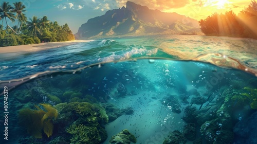 The image shows the seabed of a tropical beach with colorful coral reefs  tropical fish swimming  crystal-clear water  and sunlight filtering through the surface.