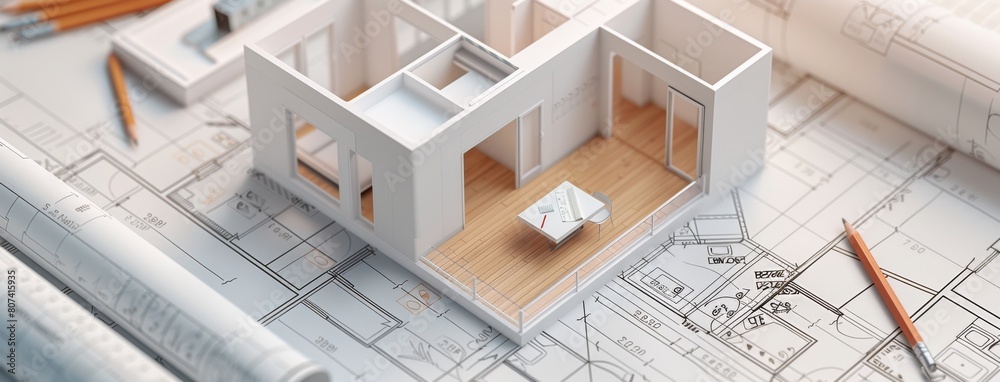 3D illustration of an interior design drawing with a white model apartment on construction paper, using a compass and pencil in the style of blueprints and technical drawings. 3D illustration of an interior design drawing with a white model apartment on construction paper, using a compass and pencil in the style of blueprints and technical drawings.