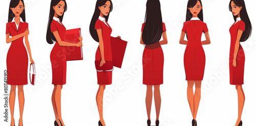 A beautiful business woman character creation set with front, side and back views, multiple poses and expressions