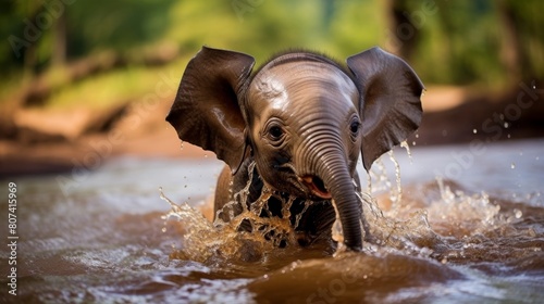 Playful baby elephant splashing in water