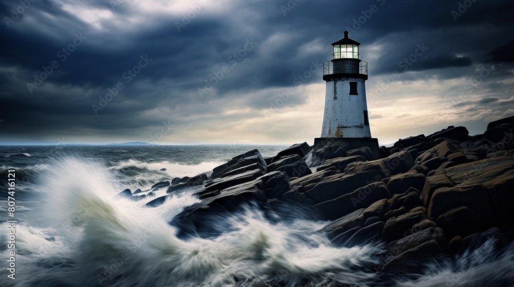 Stormy lighthouse scene with dramatic clouds and crashing waves