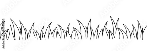 Panoramic seamless grass line. Meadow sketch, hand drawn grass border, garden ink outline scribble field. Simple vector illustration in doodle style. Isolated on white.