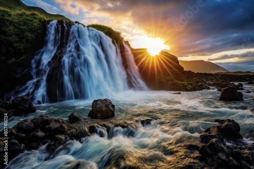 Breathtaking waterfall at sunset