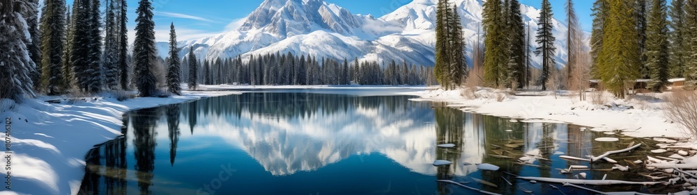 Serene winter landscape with snowy mountains and frozen lake