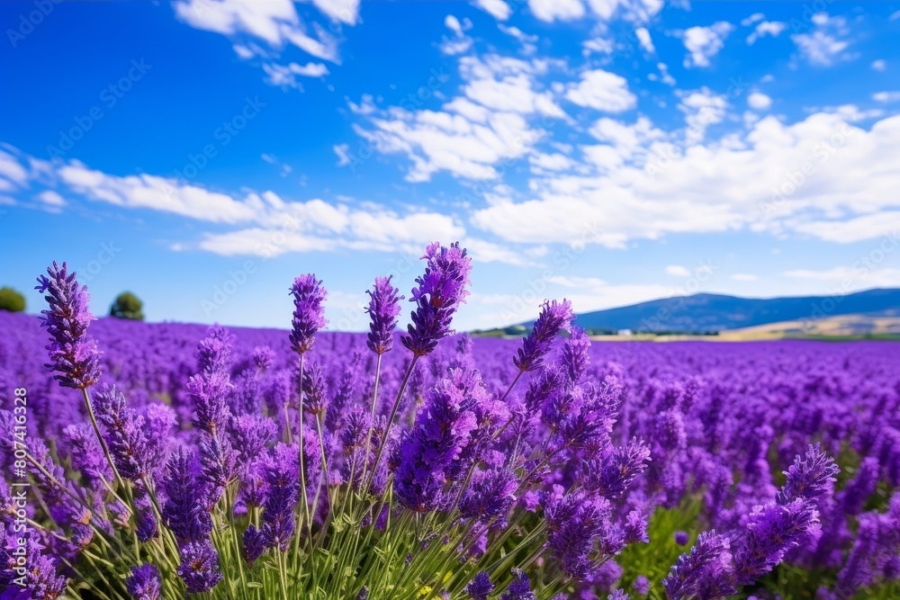 Naklejka premium Vibrant lavender field under a blue sky