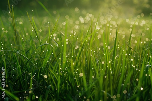 Glistening Serenity: A Field of Rain-Drenched Grass, Sunlight Peeking Through the Trees.