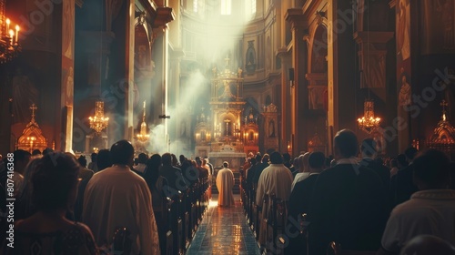 Liturgy In Church, Procession Of Ministers, Bearing Holy Cross to Altar, As Congregation Stands In Wonder, Christians Rejoice In Celebration Of Divine Mass, Hymns Praise God photo