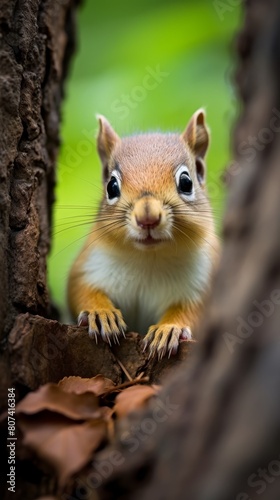 Curious squirrel peeking out from tree © Balaraw
