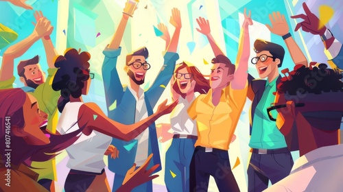 Stylized angular crop on a diverse team of entrepreneurs excitedly celebrating after the big pitch, highfives all around photo