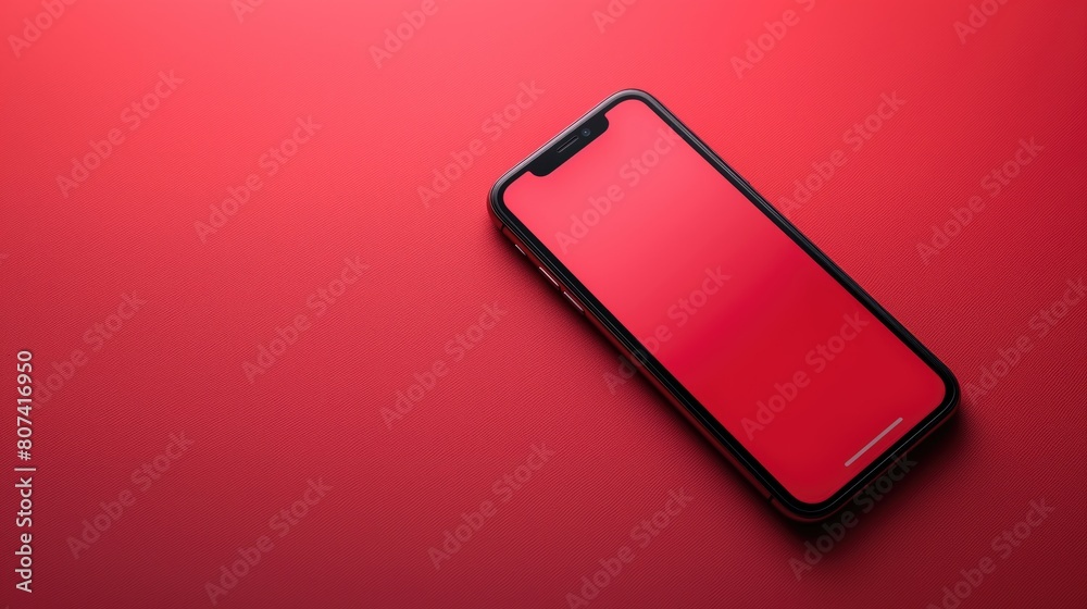 A black cell phone mockup with a red screen rests on a vibrant red surface, copy space A black cell phone mockup with a red screen rests on a vibrant red surface, copy space