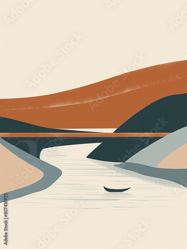 Illustration of boat on lake with a bridge.