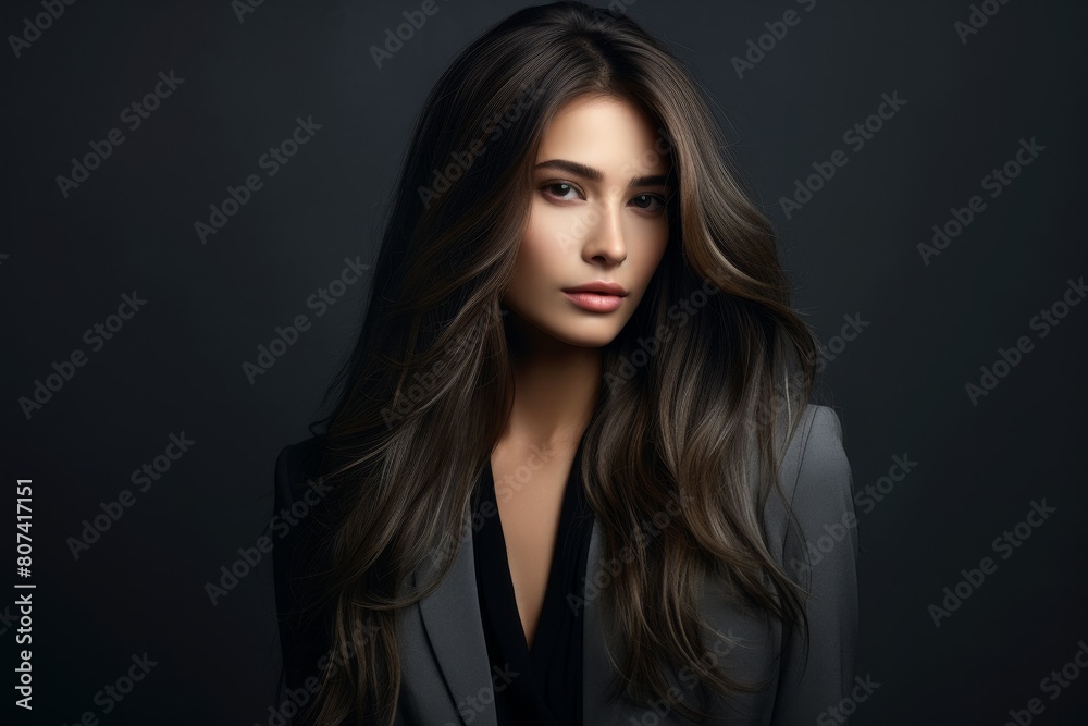 Elegant woman with long dark hair posing in black outfit