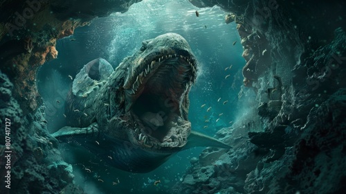 giant sea monster with open mouth under the sea in high resolution and high quality