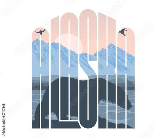 Alaska vector label with polar bear, seal and seagulls
