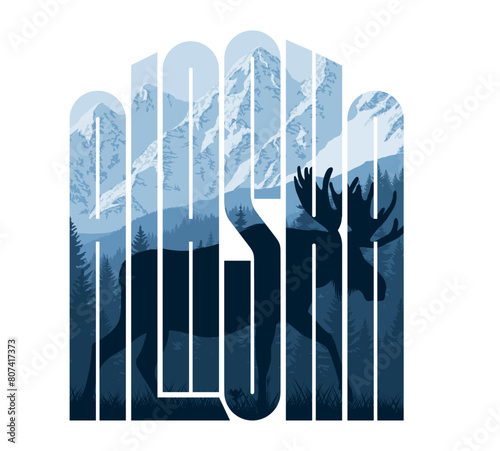 Alaska vector label with moose bull and mountains woodland forest