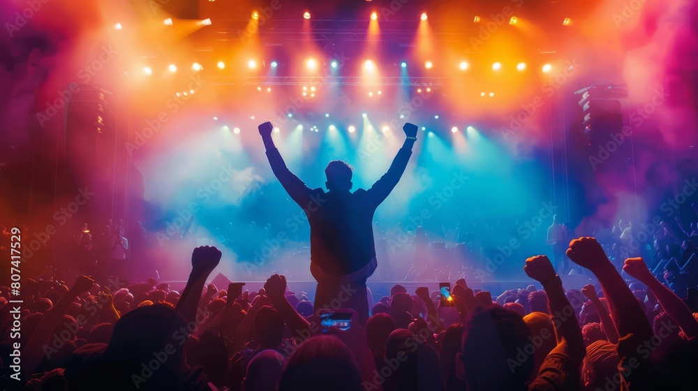 High contrast scene of a keynote speaker frozen in full shout, fists raised, adrenalinepumped crowd bathed in vibrant stage lights