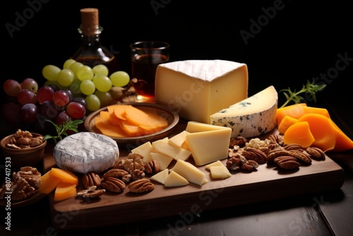 Assortment of gourmet cheeses, fruits, and nuts on a wooden board
