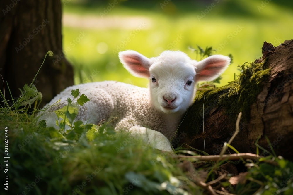 Obraz premium Adorable white lamb in natural environment