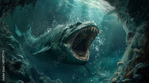 giant leviathan sea monster with open mouth under the sea