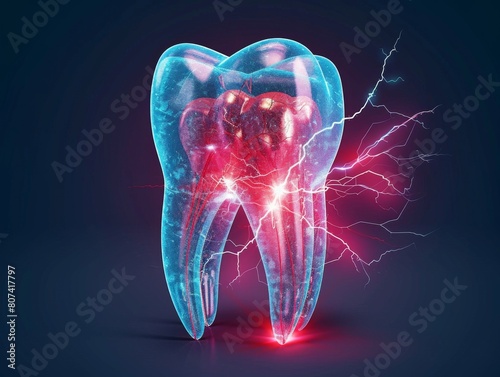 3D illustration of pain in the jaw, toothache with lightning on dark blue background.