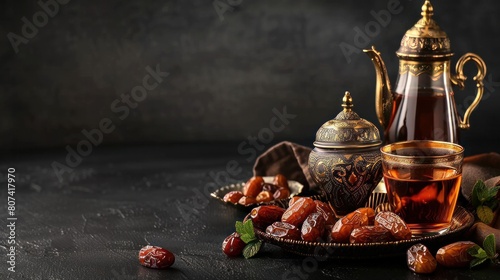 Ramadan food and drinks concept. Ramadan tea and dates fruits with the text on dark background. text is RAMADAN Kareem