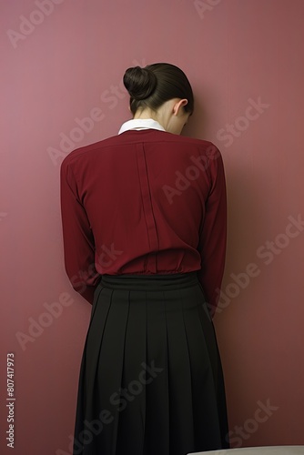 Back view of woman in red blouse and black skirt standing against pink wall