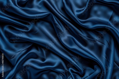 Beautiful dark blue silk satin background. Soft folds on shiny fabric. Luxury background with copy space for text, design. Web banner. Flat lay, top view table.Birthday, Christmas - generative ai