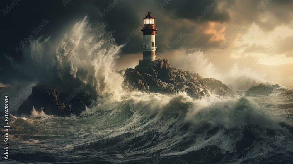 Dramatic lighthouse on rocky coast during stormy weather